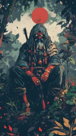 Hooded forest figure sits beneath circular red sun symbol