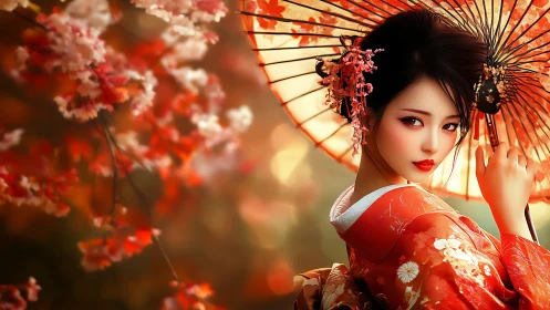 Geisha portrait in kimono under parasol with autumn bokeh lighting