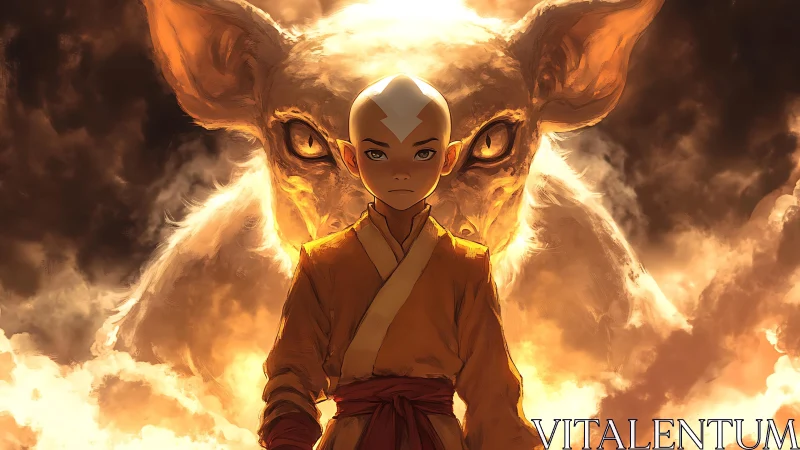 Monk child stands against glowing beast visage in volumetric cloudscape