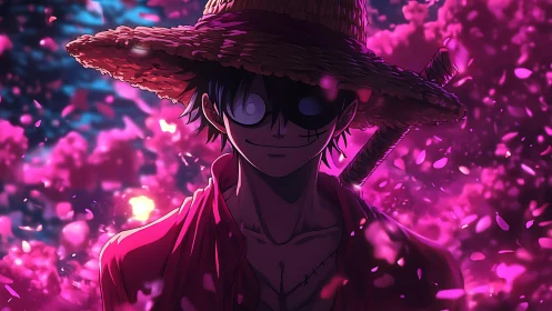 Straw-hatted rogue smiles through a storm of neon petals