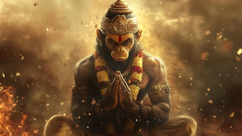 Divine simian warrior in meditative pose amid fiery particles