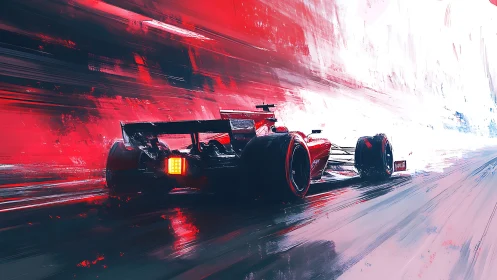 Red formula race car accelerates through abstract tunnel