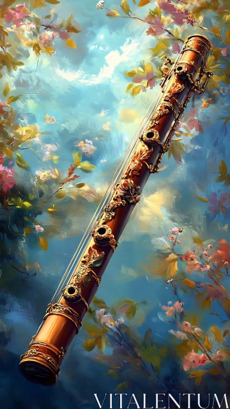 Ornate wooden flute drifts through dreamy floral sky scene.
