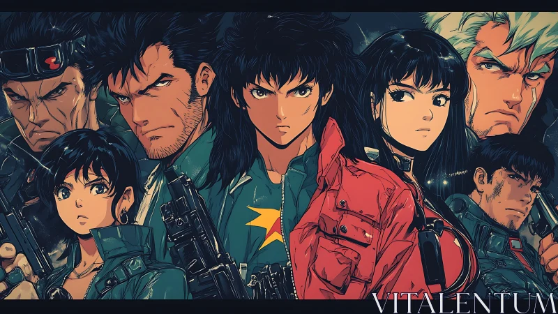 Retro anime task force stands united in moody neon night.