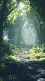 Forest path with canopy filter and stream bed