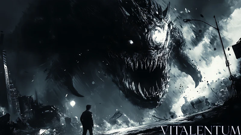 Lone survivor confronts colossal void-eyed monster in ruins