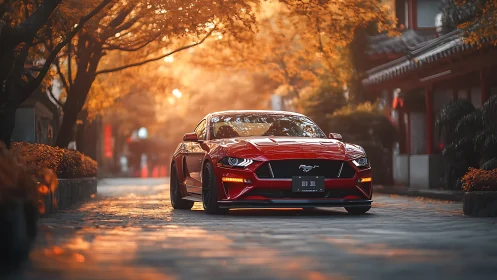 Crimson sports car resting under golden autumn light street.