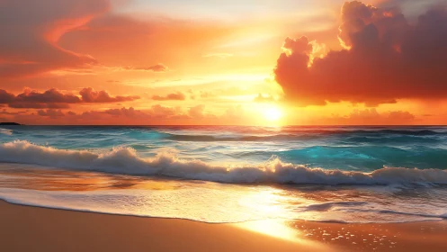Radiant ocean sunset paints glowing waves and shoreline.