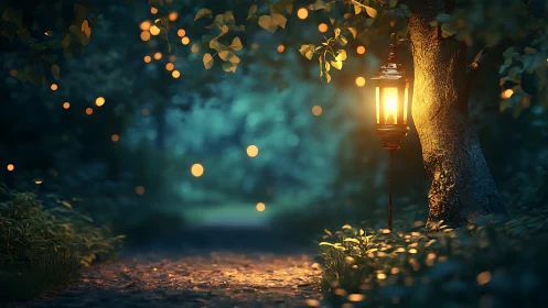 Enchanted Forest Lantern Glowing Through Golden Bokeh Lights.