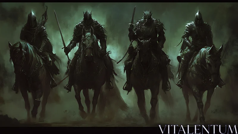 Armored dark riders on horseback in a misty green haze.