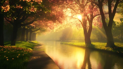 Sunlit cherry riverbank where morning quiet glows golden.