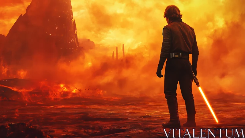 Lone warrior holds glowing blade over molten battlefield