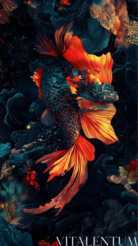 Chromatic koi vortex rendered in high-contrast digital strata.