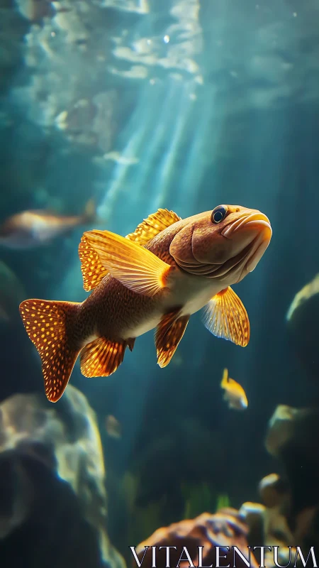 Golden reef fish glides through dappled sunlit water.