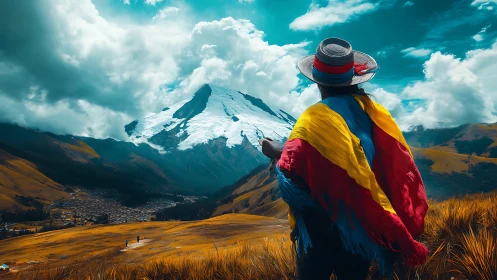 Photorealistic Andean traveler with flag against glacial massif.