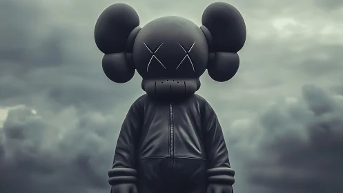 Monochrome vinyl mascot in stormy atmospheric outdoor scene