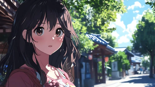 Sunlit anime girl wandering through quiet temple street.