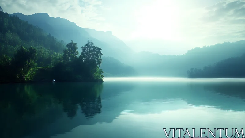 Mist-drenched mountain lake at sunrise with soft atmospheric haze.
