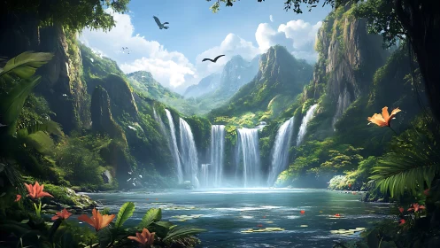 Lush tropical waterfall lagoon shimmers under soft morning light