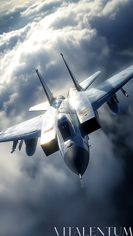 Supersonic fighter jet cuts through dramatic storm clouds.