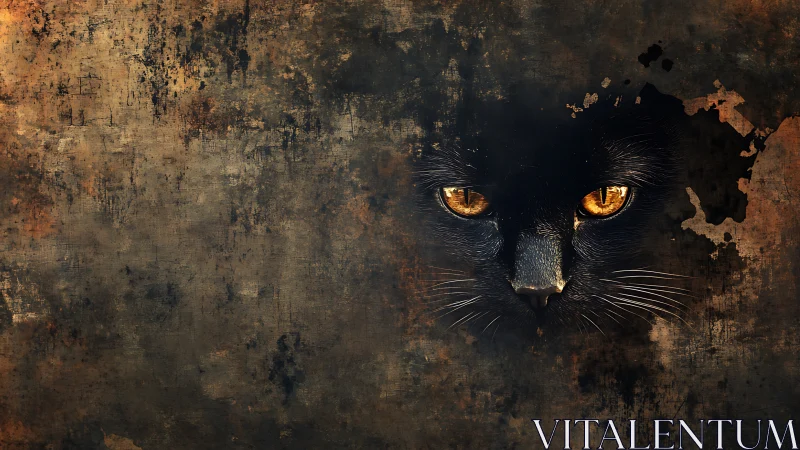 Black cat face emerging from textured grunge wall.