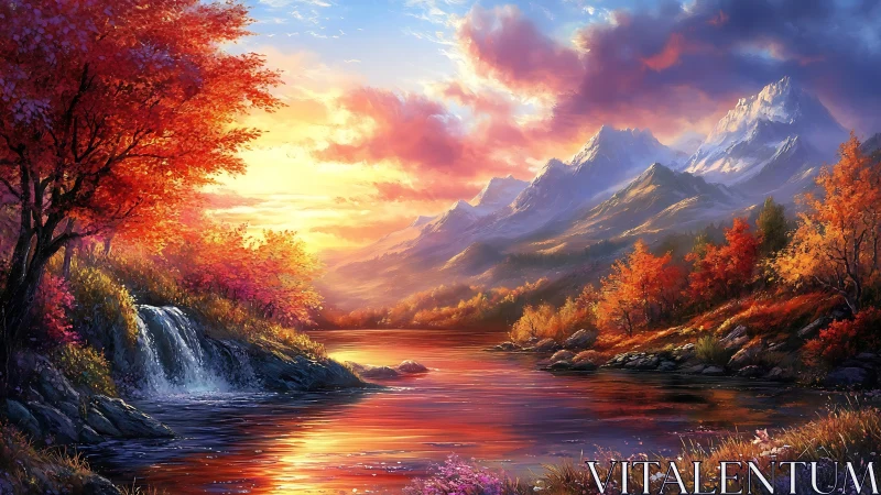 Autumn riverfire beneath storybook peaks at painted sunset.