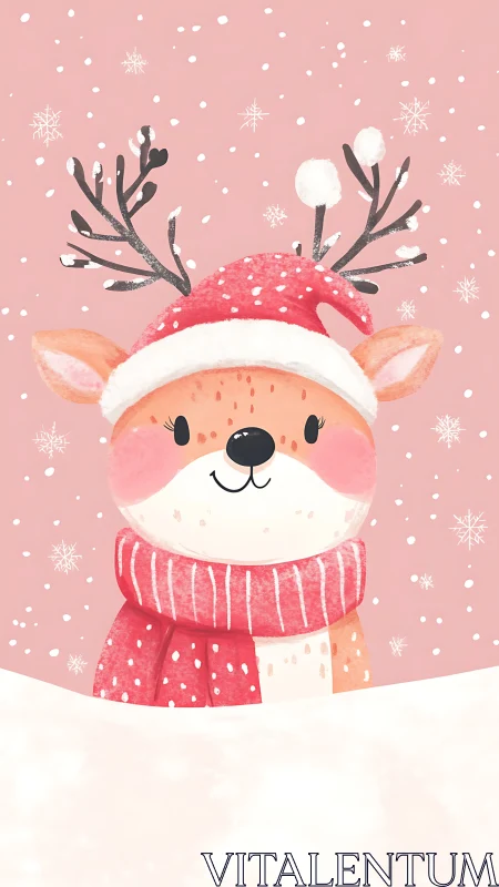 Cute winter reindeer in red hat and scarf illustration.