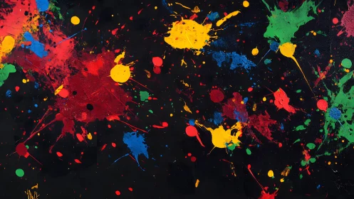 Vibrant Abstract Paint Splatters on Black Canvas, Modern Art Style.