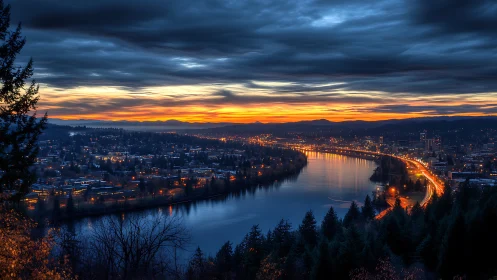 Urban river at blue hour under stratified storm cloud deck