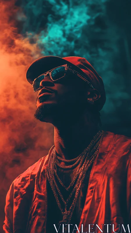 Stylish man in neon smoke glows under dramatic colored light