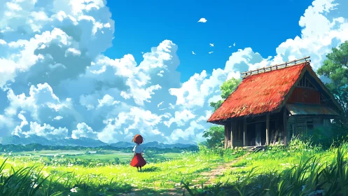 Country field landscape with girl and old wooden house.