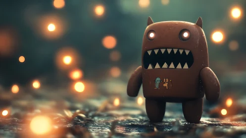 Little dusk monster glowing softly among golden lights.