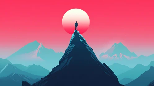 Silhouetted figure on mountain peak under circular sun.