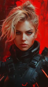 Fierce cyber warrior in glowing red futuristic armor.