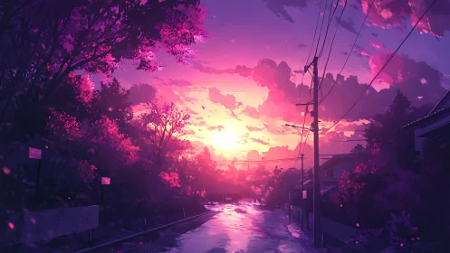 Sunset street with vivid pink trees and power lines.