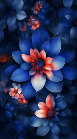 Coral and Blue Blooms Dancing in Darkness.