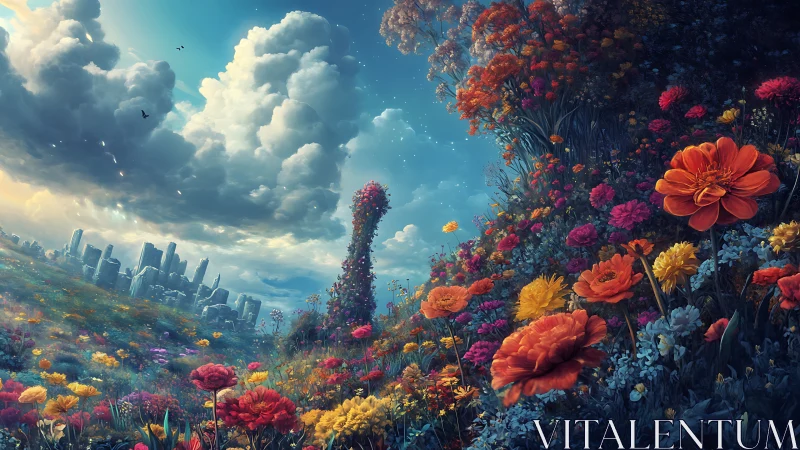 Futuristic city dissolves into hyperreal blooming hillside garden