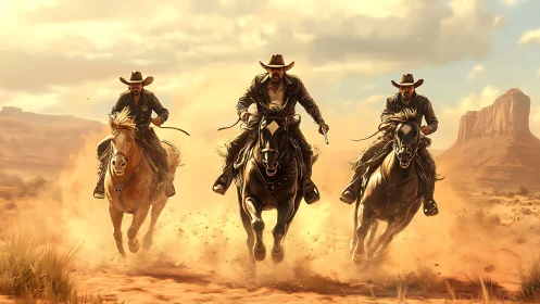 Cowboy riders charge through sunlit desert dust clouds.