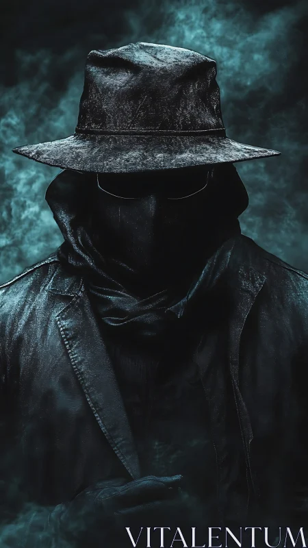 Shadowed figure in weathered hat emerges from cyan fog.