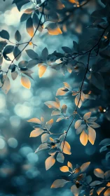 Golden leaves glow against cool teal forest bokeh backdrop.