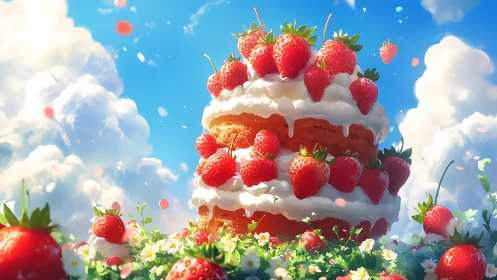 Multilayered strawberry cake rendered with volumetric cloud effects