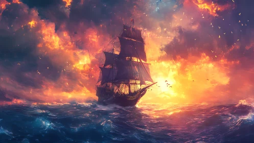 Tall ship on fiery ocean horizon under vivid sunset sky.