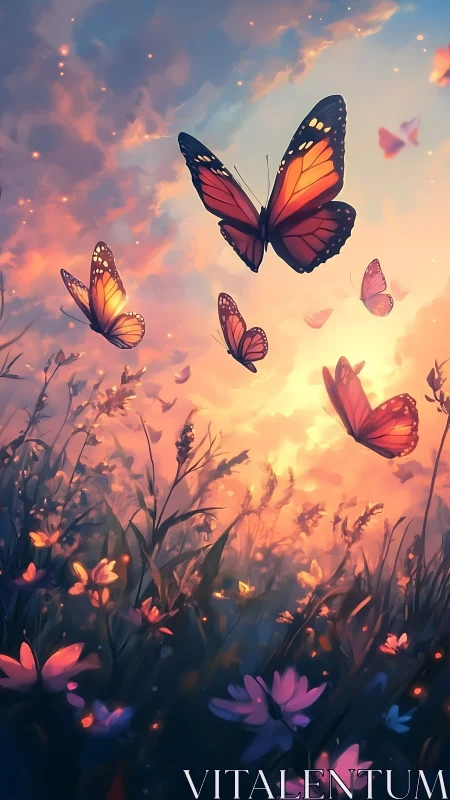 Digital painting of monarch butterflies over twilight meadow.