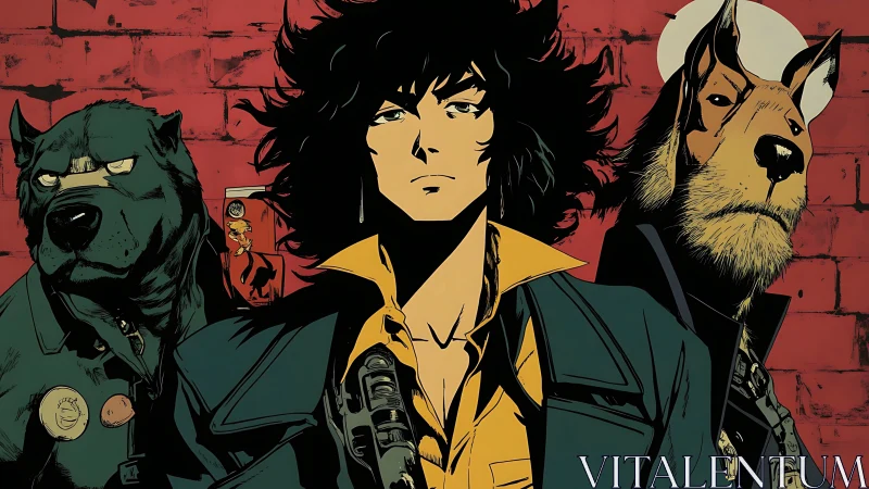 Human figure with two anthropomorphic dogs before red wall