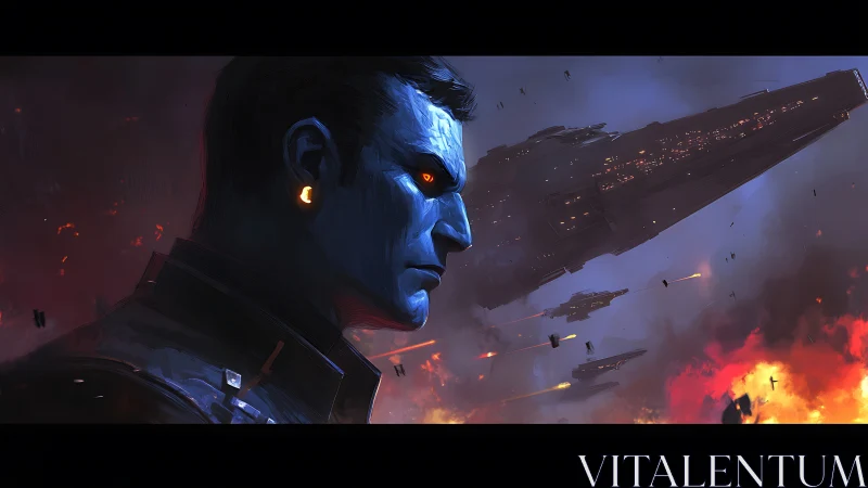 Blue-skinned commander observes burning space battle calmly