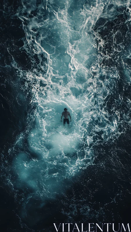 Solitary human figure suspended in turbulent ocean water.