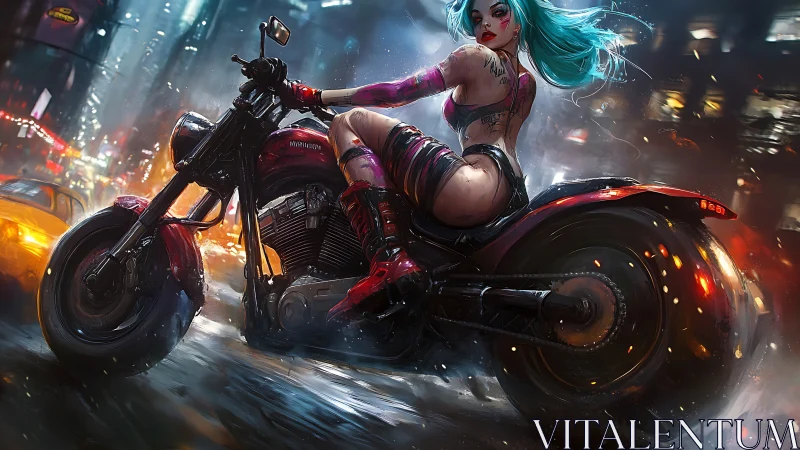 Neon biker girl racing through rainy cyberpunk city streets.