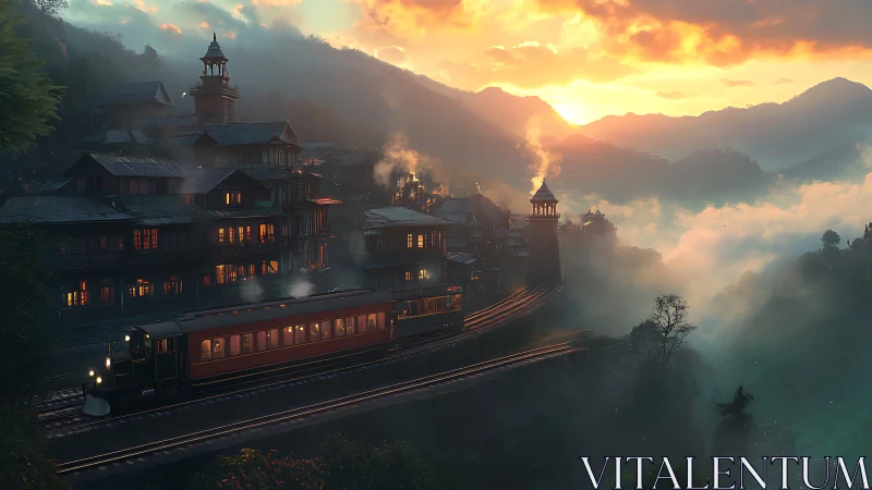Sunset mountain train glides past misty lantern-lit village