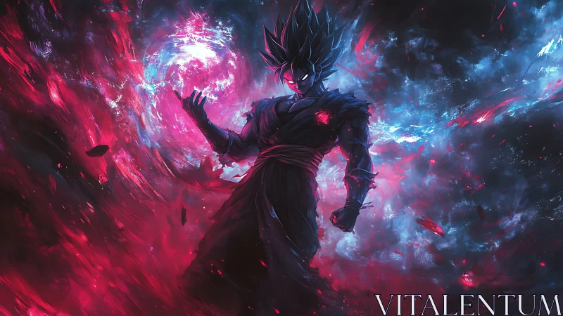 Fierce anime warrior glowing with swirling cosmic power.