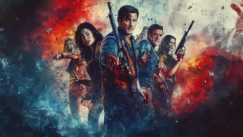 Blood soaked survivors pose in chaotic horror battle scene.